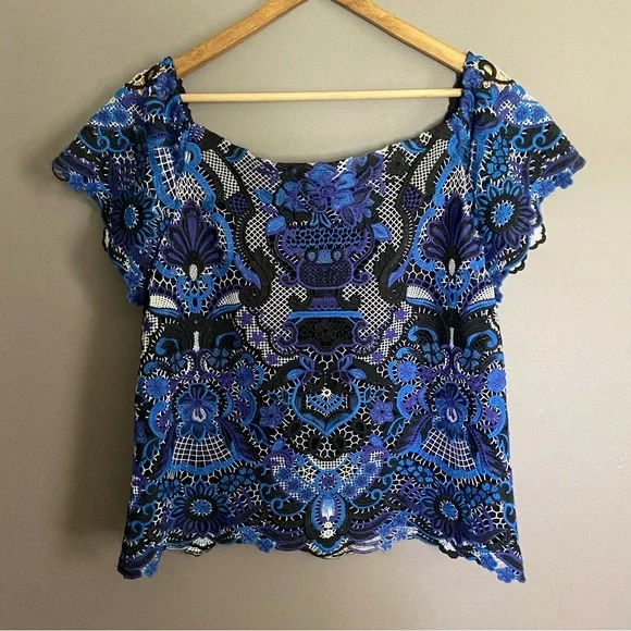 Alice + Olivia Maxie Blouse Off-the-Shoulder Guipure Lace Top Size Medium - Picture 3 of 10